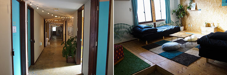 壁や電飾など手作り感のある「レジデンススペース」内の廊下(左)、宿泊スペース（右）