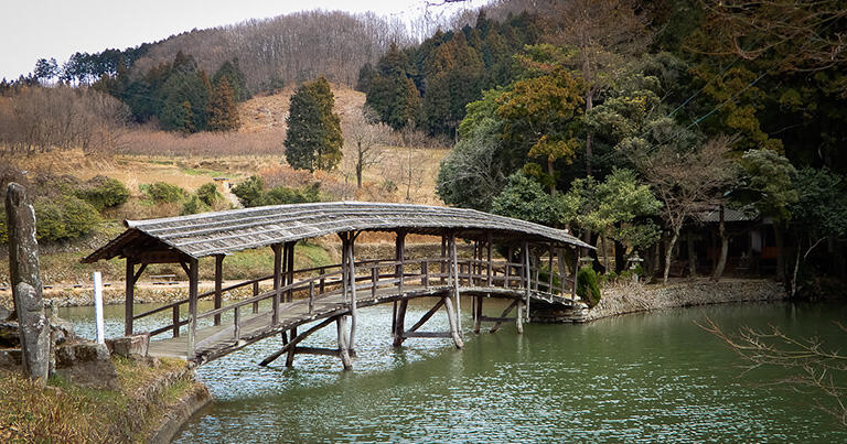 素朴な味わいのある弓削神社の太鼓橋。画面右手のお社（やしろ）へと続く参道の橋だ