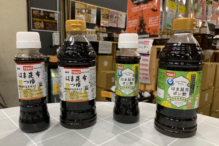 武居商店（TAKEi）の「はま昆布つゆ」と「はま昆布ポン酢」。いずれも「ぶんこのこんぶ」を使用している