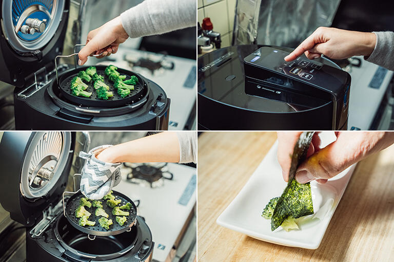 食材を専用皿にセットしてふたを閉め、タッチパネルで調理モードを設定するだけのシンプルな操作方法。