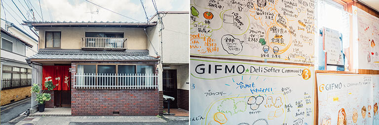 （左）京都市の路地裏に拠点を構える。社名のギフモは「ギフト」と「オモイ」を組み合わせた造語で、「思いを贈り合う社会をつくりたい」との思いを込めた（右）社内の壁に貼られているグラフィックレコーディング（会議などの内容を、文字とイラストを使って記録する方法）の紙。ギフモではユーザーからの意見や要望をもとに、さまざまな専門家と意見交換を行うコミュニティー活動を行っている