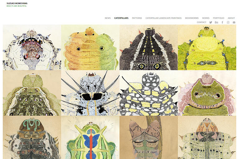 桃山鈴子ウェブサイトにはイモムシの開きの作品が多数掲載されている
