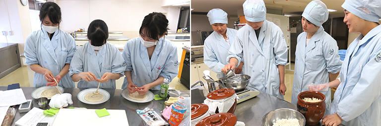 （左）そうめんの原型といわれる索餅（さくべい）を作るゼミ生。索餅は奈良時代、小麦粉、米粉、塩で作られていたという。（右）古代のレシピで酢を作る実験の様子（写真提供：三舟隆之）
