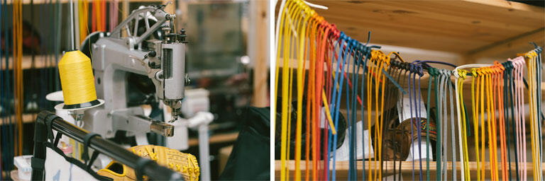 店内に置かれている修理・リメーク用のミシン（左）。グローブに使う革ひもが約30色もそろっているのはリメークに力を入れている同店ならでは（右）。一般的に修理の顧客は練習がハードな学生がメインで、高校生の競技用グローブは日本高等学校野球連盟によって使える色が決められている