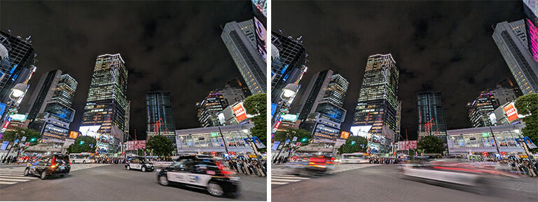 モーションの長時間露光で撮影すると、アプリ「フォト」には通常のカット（左）と、長時間露光によるカット（右）の2つの写真が保存される。長時間露光では、動感のある光跡を撮影できる