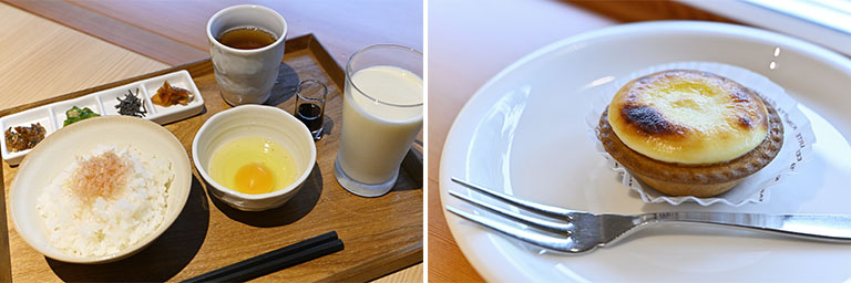 札幌市内の「きのとや」ファーム店ではスイーツの他に、日高や盤渓の農場でとれた卵や牛乳、ヨーグルトを販売している。店内にある「KINOTOYA cafe」では卵かけご飯も食べられる。右は人気のチーズタルト