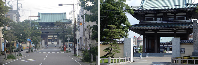 （左）日泰寺の山門。参道から自然に視線が集まるアイストップになっている （右）よく見ると、門の脇に給水塔が覗いていた！