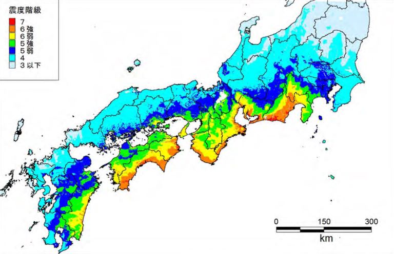 南海トラフ巨大地震 地表震度分布図