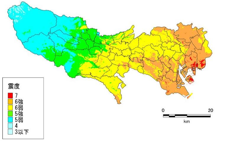 都心南部直下地震（マグニチュード7.3）の震度分布