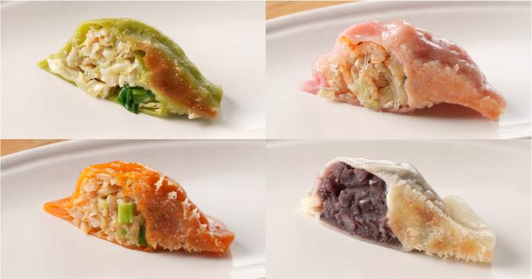 左上から時計回りに、かぼすぎょうざ、かち海老ぎょうざ、あんこぎょうざ、辛鬼ぎょうざ。皮も餡も多種多様で素材の味を楽しめる（写真提供：小春ぎょうざ）